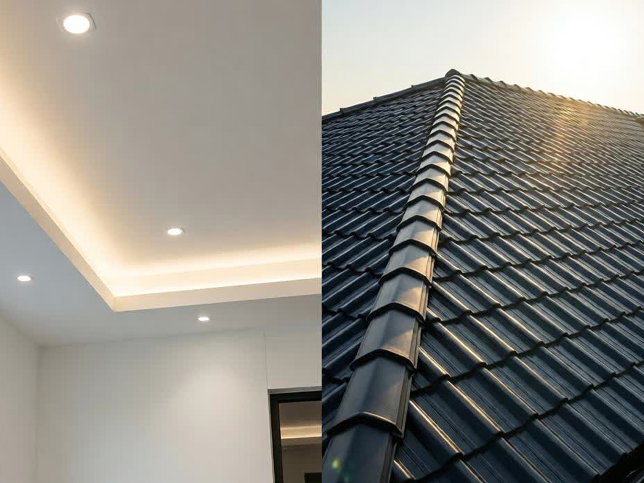 Professional ceiling installation, modern metal roofing, and exterior painting by Prism Construction
